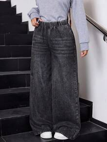 SHEIN Teen GirlLoose Straight Leg Blue Jeans - Dark Grey - View 4