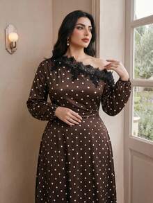 Modelyn Plus Size Women's Polka Dot Lace Patchwork Asymmetric Shoulder Casual Party Dress - Multicolor - View 7