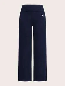 SHEIN EZwear 2件組女款休閒極簡高腰摺疊寬腿直筒長褲，適合夏季，小馬印花圖案 - 彩色 - 查看 3