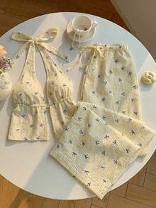 Comfortcana Women's Bow Pattern Halter Neck Tank Top And Pants 2 Pieces Set Beach Brunch Blue And White Stripe Summer Cute - Yellow - View 2