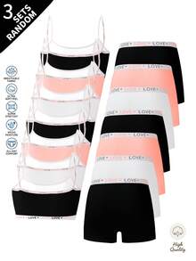 7 Sets Random 3 Pieces Tween Girls' Simple Basic Solid Color Letter Contrast Camisole Top & Shorts Underwear Set - Multicolor - View 7