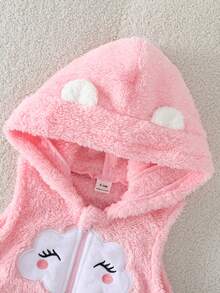 SHEIN Playful Pals Baby Girls Fluffy Pink Fleece Embroidered Hat Vest + White Sweatshirt + Pink Fuzzy Pants 3 Pieces Set - Multicolor - View 3