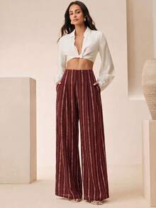 Anewsta Women's Striped Casual Versatile Daily Wear Suit Pants - Burgundy - View 7