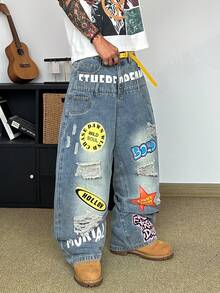 STEELVANCE Streetwear Retro Fashion Versatile Distressed Washed Patchwork Ripped Raw Edge Graphic Design Loose Straight Leg Wide Leg Casual Denim Jeans (Belt And Accessories Not Included) - Blue - View 4