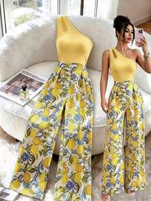 GlowEve Women's Yellow One-Shoulder Halter Jumpsuit, Lemon Print High Waist Zipper Design, - Multicolor - View 1