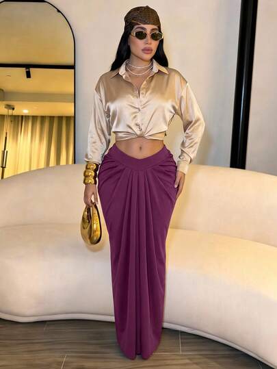 SOLERSUN Women Low-Rise V-Waist Ruched Draped Maxi Skirt, Bodycon Floor-Length Elegant Party Skirt