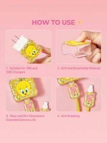 LOONEY TUNES X SHEIN Protector de cable de datos, adecuado para cargador de , juego de 4 piezas de protectores de cable de teléfono móvil, protector de cargador (excluyendo cable de datos) - Amarillo - Ver 2