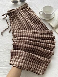 Comfortcana Chocolate Brown Summer Smart Casual Everyday Plaid Casual Pants,Loose Drawstring Waist Pleated Wide Leg Pants Plus Size Countryside Style Trousers - Brown - View 1