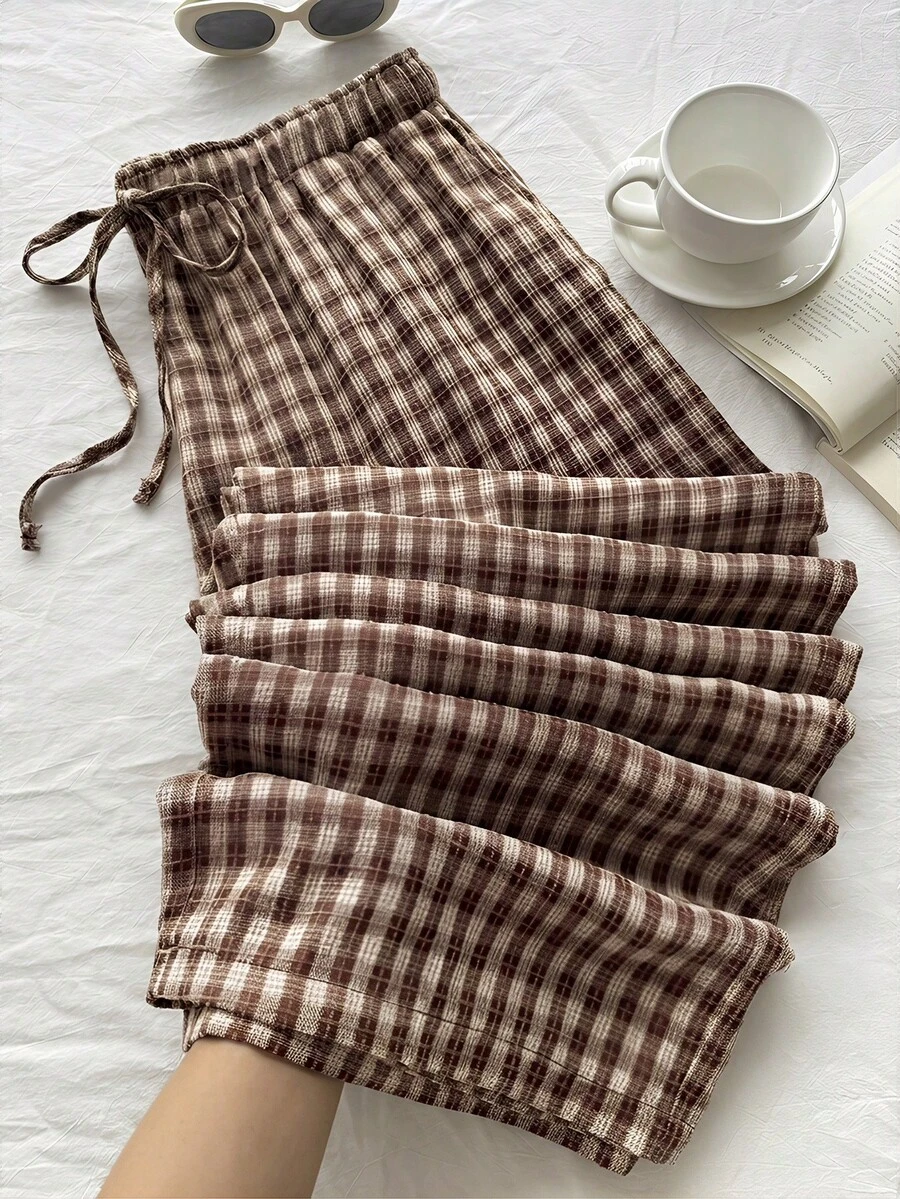 Comfortcana Chocolate Brown Summer Smart Casual Everyday Plaid Casual Pants,Loose Drawstring Waist Pleated Wide Leg Pants Plus Size Countryside Style Trousers - Brown - View 1