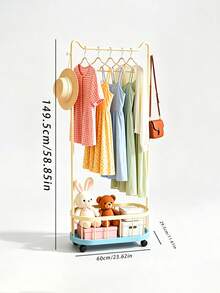 1PC Mobile Clothes Rack With Storage Basket, Rolling Garment Rack With Wheels, Freestanding Clothing Hanging Rack, Portable Wardrobe Organizer For Bedroom, Space Saving Clothes Hanger Stand - Multicolor - View 5