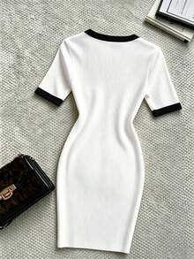 Trelyra Fashion Slim Fit Sexy Deep V-Neck Metal Buckle Decor Contrast Color Short Sleeve Women's Dress - White - View 5