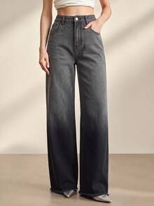 Anewsta Women's Fashion New Gradient Blue Straight Leg Jeans Pants, Vacation Style - Black - View 4