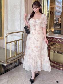 Bijouette 大尺碼女款時尚休閒正裝軟身浪漫方領印花花瓣袖洋裝，適合早午餐、生日，馬卡龍色夏季款 - 杏色 - 查看 10