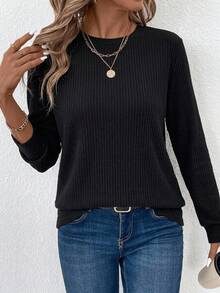 SHEIN LUNE Pure Cotton Solid Ribbed Texture Fabric Autumn/Winter Base Layer T-Shirt - Black - View 2