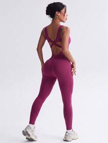 Dewbera Dewbera 1pc Women's Purple-Red Knit Seamless Comfortable Elastic Spaghetti Strap Jumpsuit, Backless Sexy, Suitable For Spring, Summer, Autumn, Winter - Red Violet - View 1