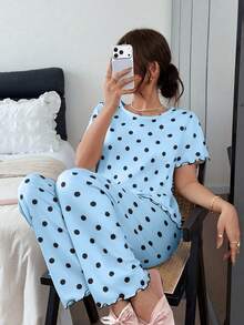 Napfluff 女款圓點印花休閒圓領短袖睡衣套裝 - 藍色 - 查看 1