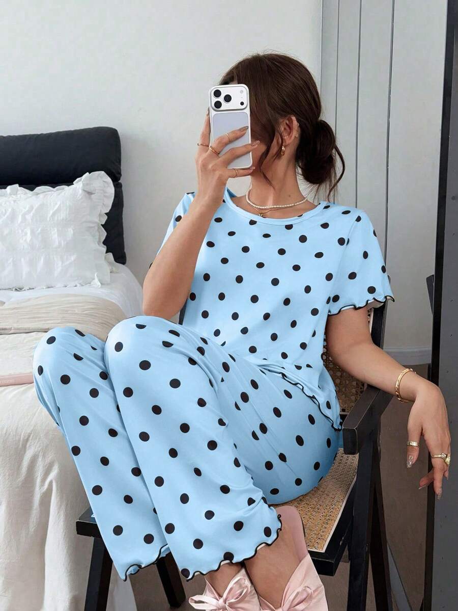 Napfluff 女款圓點印花休閒圓領短袖睡衣套裝 - 藍色 - 查看 1