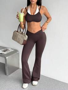 Dewbera Dewbera Women's 2 Pieces Bra And Solid Color Leggings Casual Sporty Athleisure Daily Sports Set Gym Dark Brown Autumn - Coffee Brown - View 6