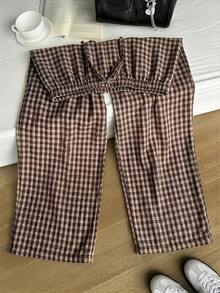 Comfortcana Chocolate Brown Summer Smart Casual Everyday Plaid Casual Pants,Loose Drawstring Waist Pleated Wide Leg Pants Plus Size Countryside Style Trousers - Brown - View 5