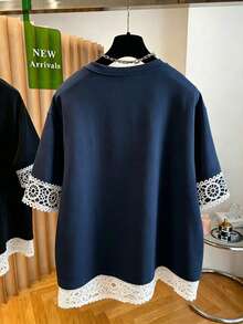 Franclia Plus Size Lace Patchwork Short Sleeve Round Neck T-Shirt - Navy Blue - View 2