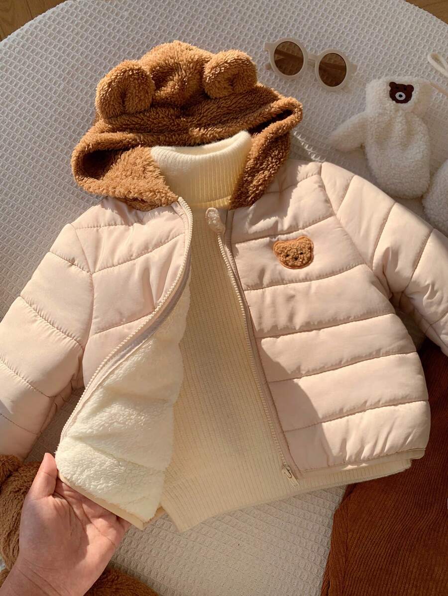 SHEIN 嬰兒男童女童秋冬款可愛杏色拼接卡通圖案連帽加厚外套,連帽夾克,嬰兒外衣,可愛夾克 - 彩色 - 查看 1