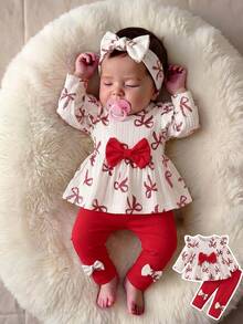 SHEIN Vintaside Kids 2件組新生女嬰杏色蝴蝶結豹紋圓領長袖荷葉袖抓絨內裡羅紋軟布料T恤上衣 + 彈性腰粉色休閒長褲，可愛時尚韓風甜美套裝，適合秋冬日常穿著、旅行、度假、派對、室內外場合 - 紅白色 - 查看 1