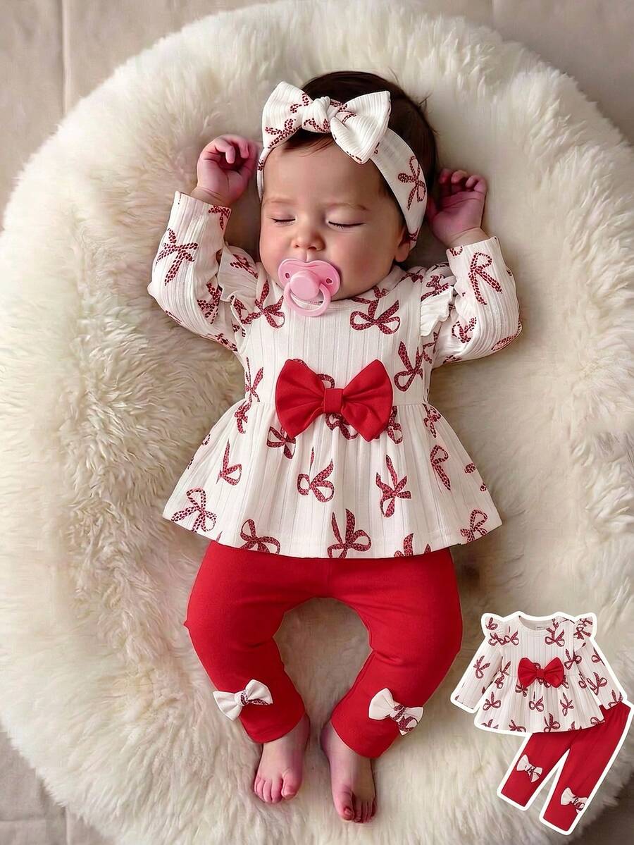 SHEIN Vintaside Kids 2件組新生女嬰杏色蝴蝶結豹紋圓領長袖荷葉袖抓絨內裡羅紋軟布料T恤上衣 + 彈性腰粉色休閒長褲,可愛時尚韓風甜美套裝,適合秋冬日常穿著、旅行、度假、派對、室內外場合 - 紅白色 - 查看 1