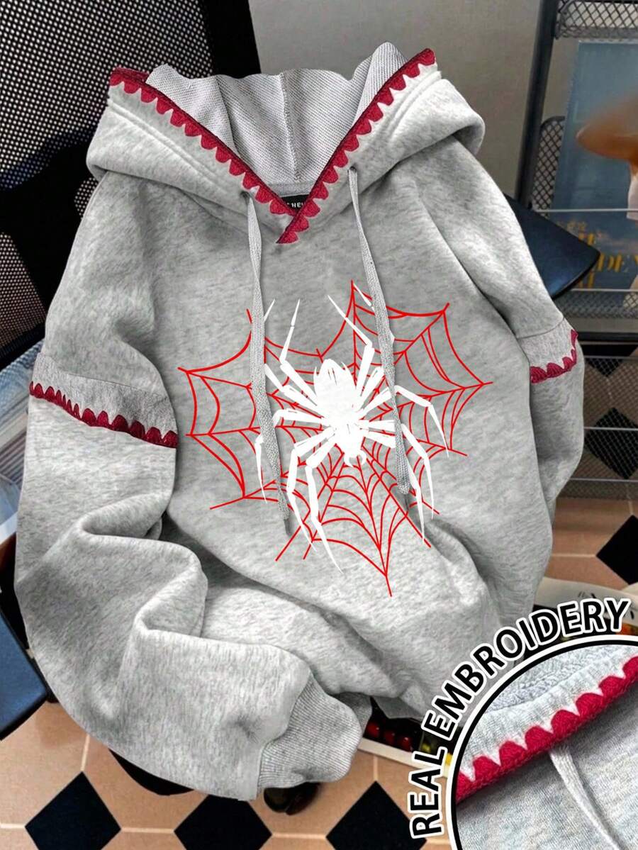 SHEIN EZwear Sudadera con capucha con estampado de araña, contraste de color y bordado de concha - Gris - Ver 1