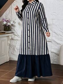Lacomfia Plus Size Women's Woven Digital Print Striped Button-Up Patchwork Hem Elegant Romantic Dress - Multicolor - View 7