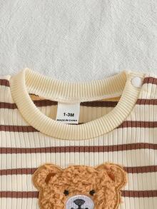 SHEIN Playful Pals 2件組新生兒男嬰衛衣長褲套裝，可愛杏色熊刺繡蝴蝶結條紋，長袖圓領，休閒戶外秋季舒適慢跑款，彈性腰頭 - 棕色 - 查看 6