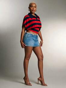 Denimoi Cinched Waist Collared Striped Polo Top Fashionable Tops Collared Top - Red - View 4