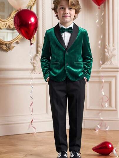 SHEIN 2pcs Kids Tween Boy Green Velvet Blazer + Black Pants Set (2-Piece), Gentleman Suit, Suitable For Indoor, Outdoor, Daily, Party, Photo, Wedding, Baptism, Elegant Occasions, Wedding Guest, Wedding, Holiday, Halloween, Christmas, Spring, Summer, Autumn, Winter All Seasons Wear