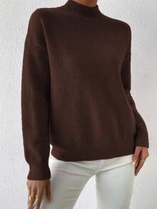 Sprig & Strand Women's Solid Color Stand Collar Drop Shoulder Long Sleeve Casual Pullover Sweater - Brown - View 4
