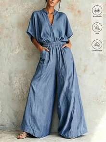 Breezaya Women's Summer Jumpsuit, July Festival, Outdoor Outfit Jumpsuit, Beach Vacation, Holiday Outfit, Blue Women's Jumpsuit, V-Neck Waist-Cinching Short Sleeve Blue Women's Jumpsuit, Casual Women's Jumpsuit, Vacation Outfit, Vacation Women's Jumpsuit, Party Women's Jumpsuit, Elegant Women's Jumpsuit, - Blue - View 2