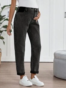 SHEIN 孕妇高腰休闲通勤锥形卷边牛仔裤 - 黑色 - 查看 6
