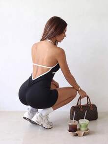 Dewbera Dewbera Women's Minimalist Striped Colorblock Halter Neck Athletic Romper - Black - View 7