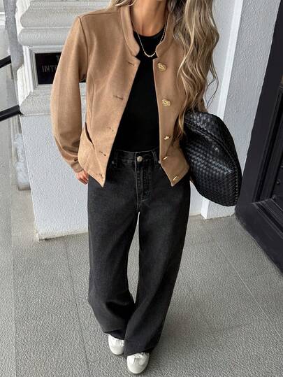 SHEIN Franclia 復古立領仿麂皮短版夾克女款，優雅金屬鈕扣修身長袖短上衣