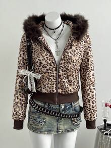 Elamini Women's Leopard Print Hooded Patchwork Fuzzy Design Zip-Up Slim Fit Flattering Short Y2K Retro Sexy Hot Girl Street Style Fashion Commute Sweatshirt - Brown - View 4