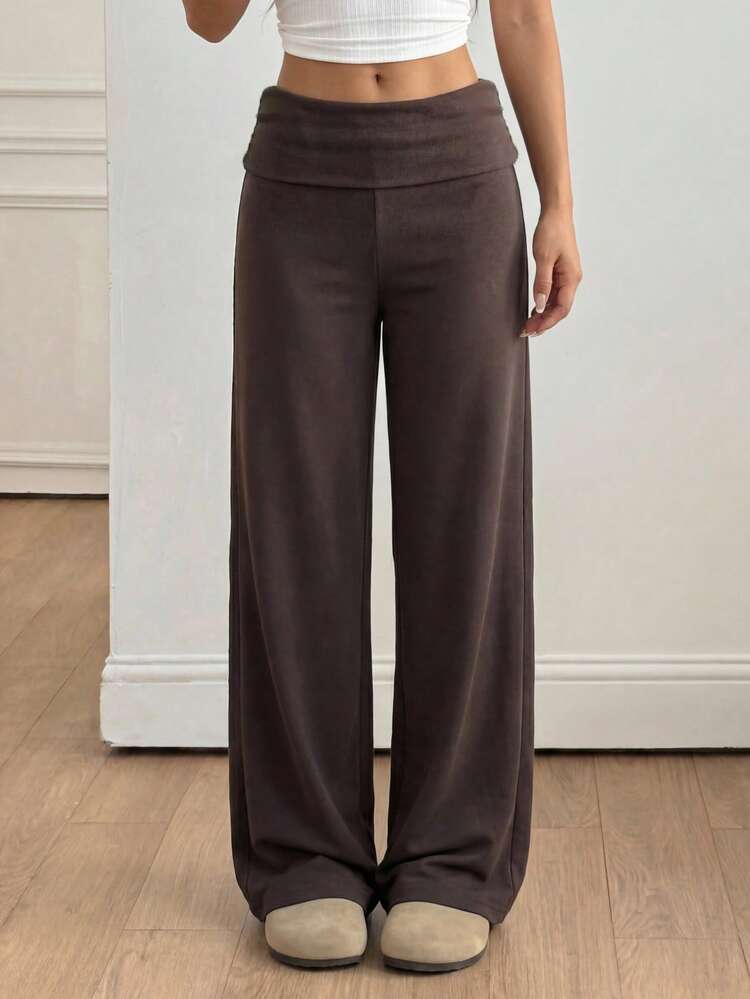 SHEIN Teen Girls Bodysuits & Jumpsuits Solid Color Fold-Over Waist Wide-Leg Loose Casual Pants Sweatpants, All-Match For Autumn And Winter - Brown - View 5