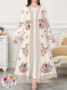 SHEIN Najma 女式花卉植物印花长袖休闲阿拉伯长袍，适合春秋季节 - 彩色 - 查看 1