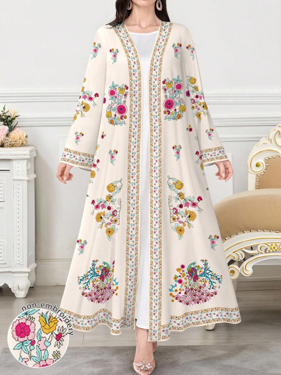 SHEIN Najma 女式花卉植物印花长袖休闲阿拉伯长袍,适合春秋季节 - 彩色 - 查看 1
