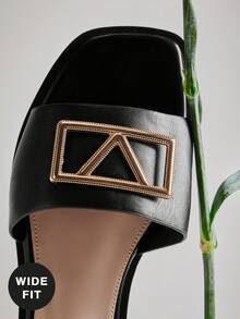 SHUZIA Women's Square Toe Signature Gold Oversized Sculptural Buckle Pu Black Slide Sandals – Soft Cushions, Chic, Comfortable & Easy To Pair - Black - View 4