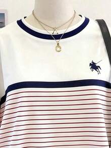 Collagica Collagica Women's Plus Size Outerwear Top, Round Neck T-Shirt, Loose And Comfortable, Outdoor, Pattern, Horse Riding, White And Pink, Multi-Color Stripes, Plus Size Women's Loose T-Shirt - Multicolor - View 4