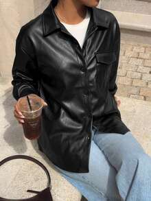 INAWLY Women's Solid Color PU Leather Casual Versatile Daily Long Sleeve Jacket - Black - View 5