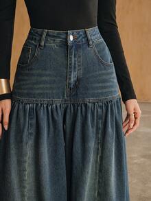 Anewsta Women's New Fashion Design Patchwork Vintage Nostalgic Washed Blue Jeans Wide Leg Pants - Blue - View 5