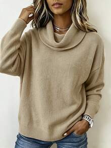 SHEIN Women's Solid Color Drop Shoulder Long Sleeve Loose Casual Sweater - Camel - View 4
