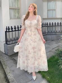 Bijouette 大尺碼女款時尚休閒正裝軟身浪漫方領印花花瓣袖洋裝，適合早午餐、生日，馬卡龍色夏季款 - 杏色 - 查看 13