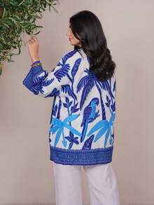 The Leen Edit Woven Printed Long Sleeve Loose Kimono Cover Up For Women,Beige,Summer,Tropical,Holiday,Vacation,Holiday,Beach,Western Wear,Spring&Summer,Boho,Rave - Blue and White - View 2