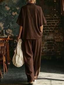 Hotletica Women's Traceable Cotton V-Neck Short Sleeve Top & Long Pants 2 Pieces Set - Coffee Brown - View 2