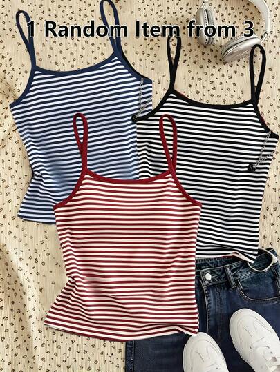 SHEIN Sparklyn Tween Girls 3pcs Camisole Tank Top Blind Box 3-In-1, 1 Randomly Selected From , American Vintage Sports Style, Colorblock Navy + Cream + Red, Summer